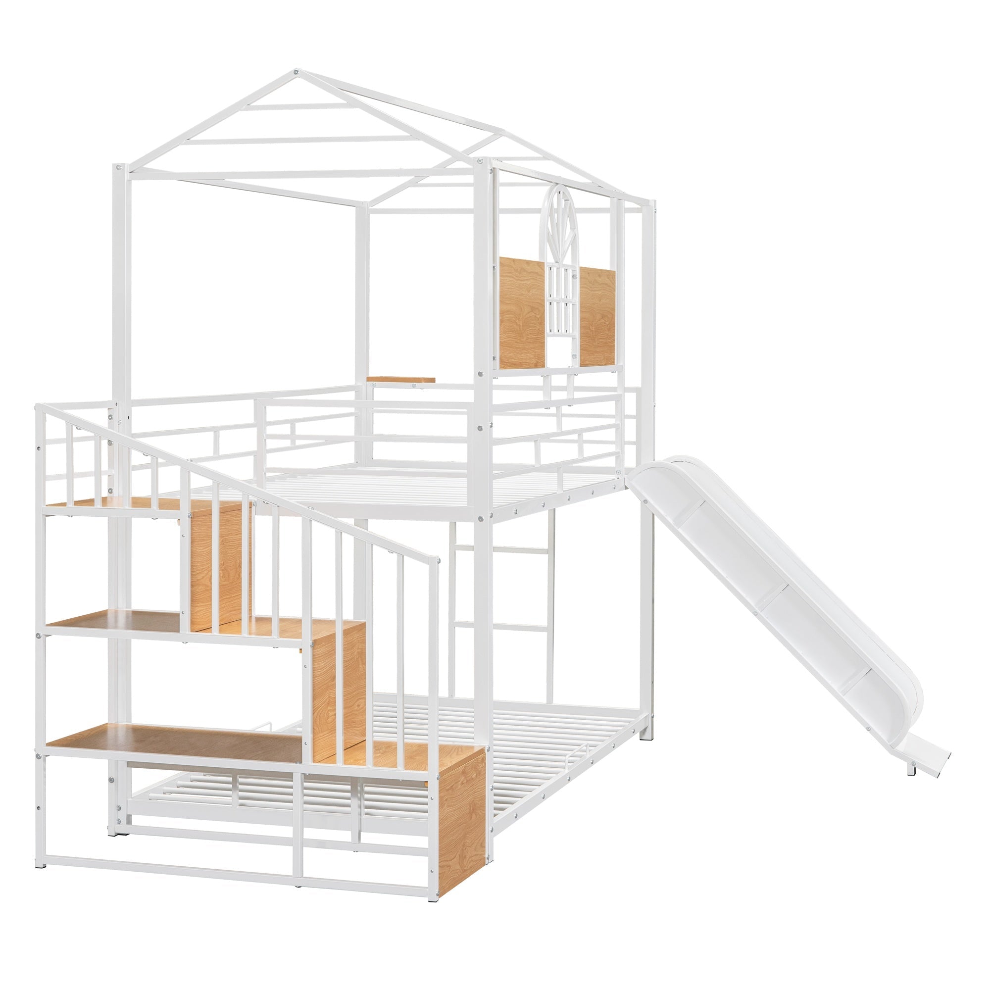 Bellemave® Twin Over Twin Bunk Bed with Slide, House Floor Bunk Bed with Storage Stairs and Shelves - Bellemave