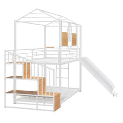 Bellemave® Twin Over Twin Bunk Bed with Slide, House Floor Bunk Bed with Storage Stairs and Shelves - Bellemave