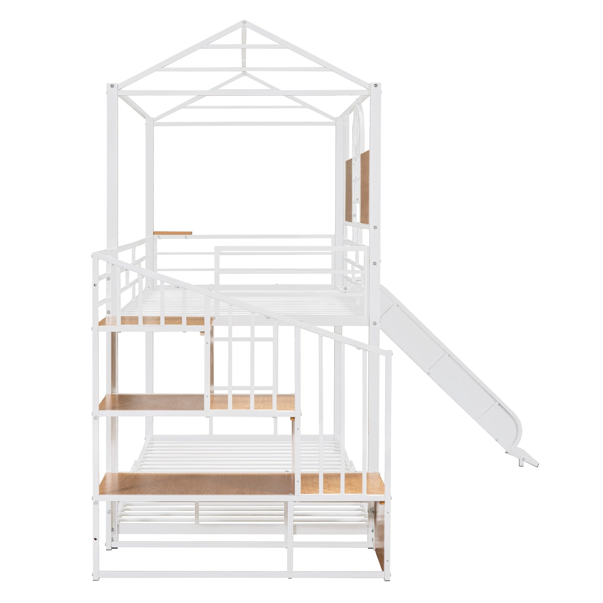 Bellemave® Twin Over Twin Bunk Bed with Slide, House Floor Bunk Bed with Storage Stairs and Shelves - Bellemave