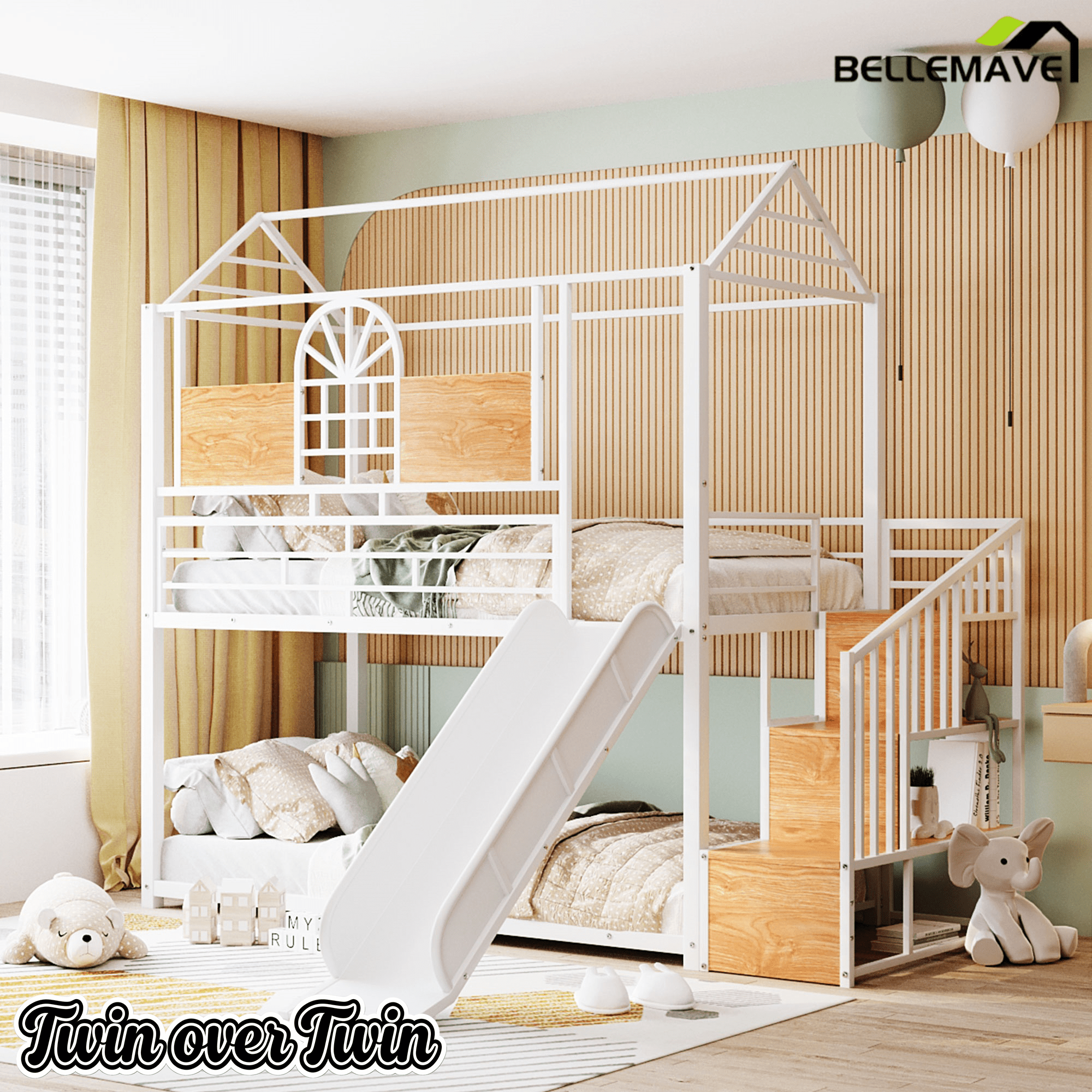 Bellemave® Twin Over Twin Bunk Bed with Slide, House Floor Bunk Bed with Storage Stairs and Shelves - Bellemave