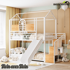 Bellemave® Twin Over Twin Bunk Bed with Slide, House Floor Bunk Bed with Storage Stairs and Shelves - Bellemave