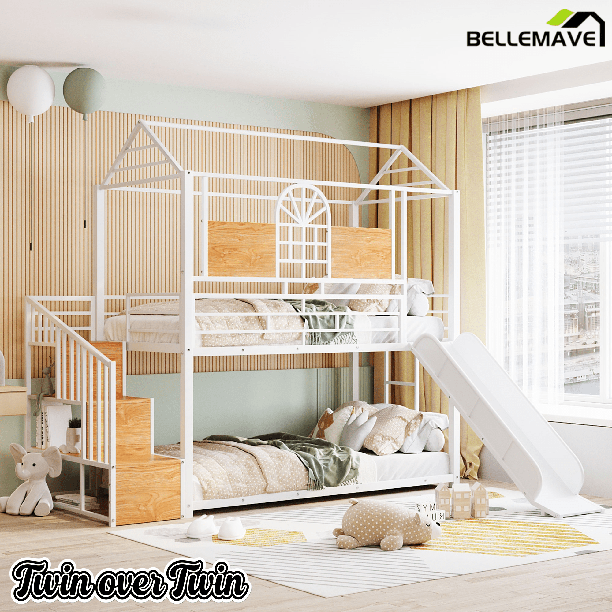 Bellemave® Twin Over Twin Bunk Bed with Slide, House Floor Bunk Bed with Storage Stairs and Shelves - Bellemave