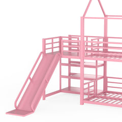 Bellemave® Twin Over Twin Bunk Bed with Slide, Kids House Floor Bunk Bed with Storage Stairs and Full Length Guardrail - Bellemave