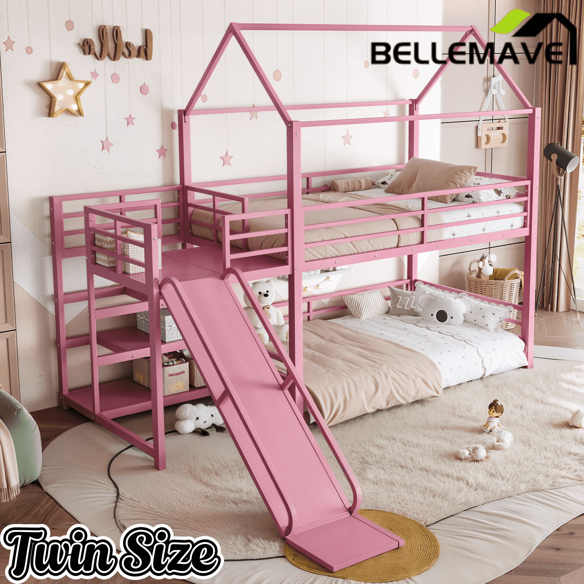 Bellemave® Twin Over Twin Bunk Bed with Slide, Kids House Floor Bunk Bed with Storage Stairs and Full Length Guardrail - Bellemave