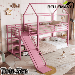 Bellemave® Twin Over Twin Bunk Bed with Slide, Kids House Floor Bunk Bed with Storage Stairs and Full Length Guardrail - Bellemave