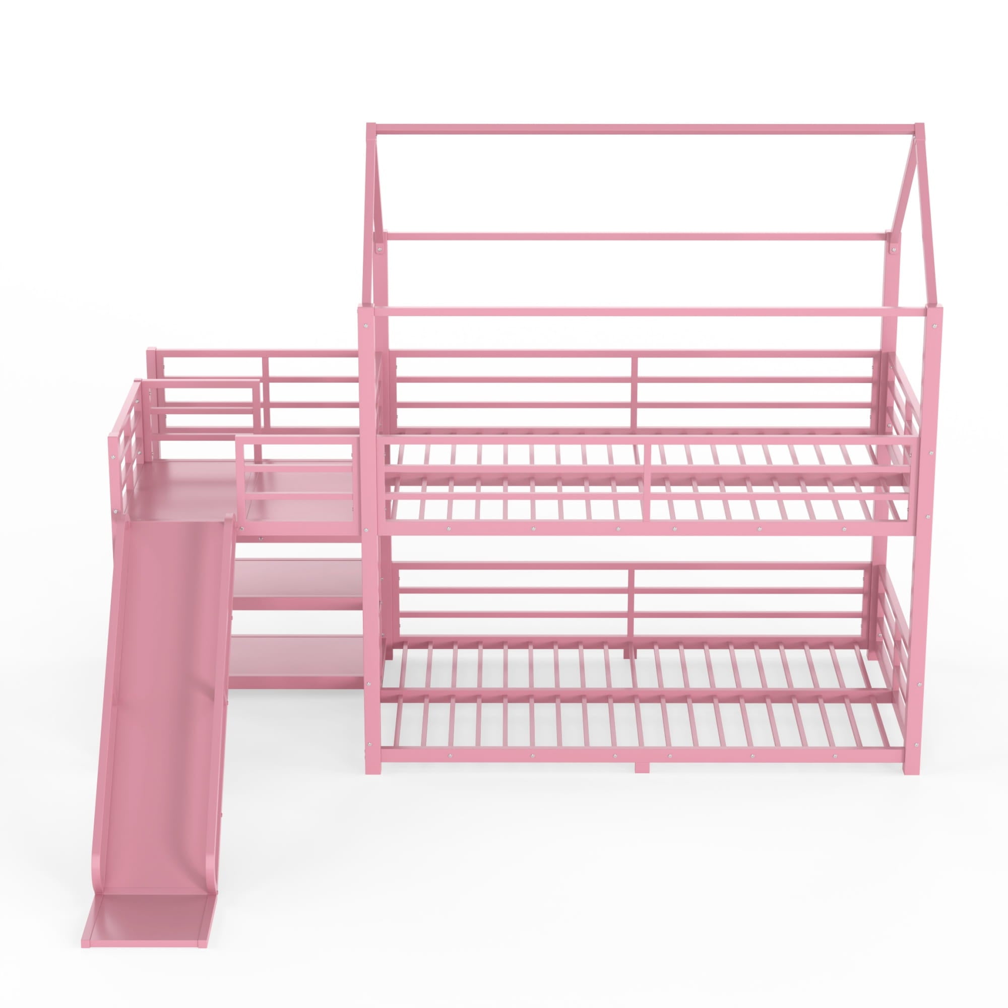 Bellemave® Twin Over Twin Bunk Bed with Slide, Kids House Floor Bunk Bed with Storage Stairs and Full Length Guardrail - Bellemave