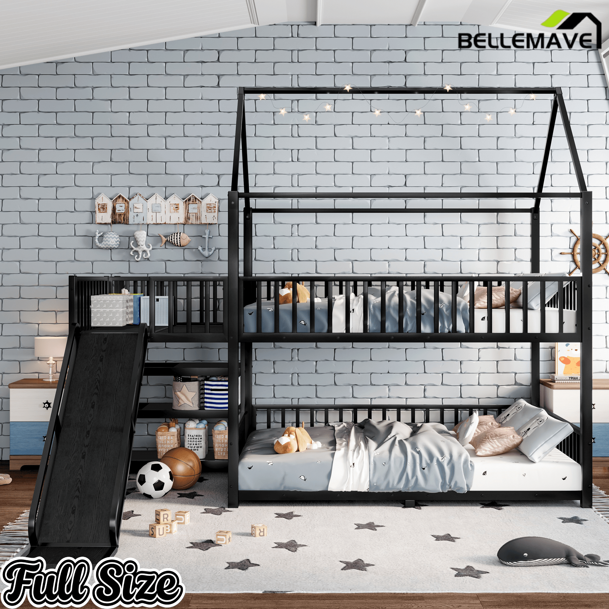 Bellemave® Twin Over Twin Bunk Bed with Slide, Kids House Floor Bunk Bed with Storage Stairs and Full Length Guardrail - Bellemave