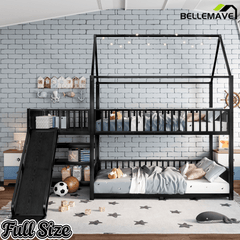 Bellemave® Twin Over Twin Bunk Bed with Slide, Kids House Floor Bunk Bed with Storage Stairs and Full Length Guardrail - Bellemave
