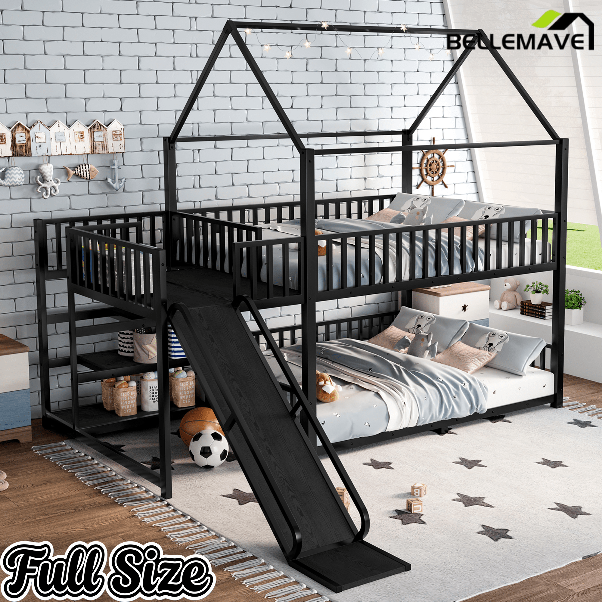 Bellemave® Twin Over Twin Bunk Bed with Slide, Kids House Floor Bunk Bed with Storage Stairs and Full Length Guardrail - Bellemave