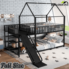 Bellemave® Twin Over Twin Bunk Bed with Slide, Kids House Floor Bunk Bed with Storage Stairs and Full Length Guardrail - Bellemave
