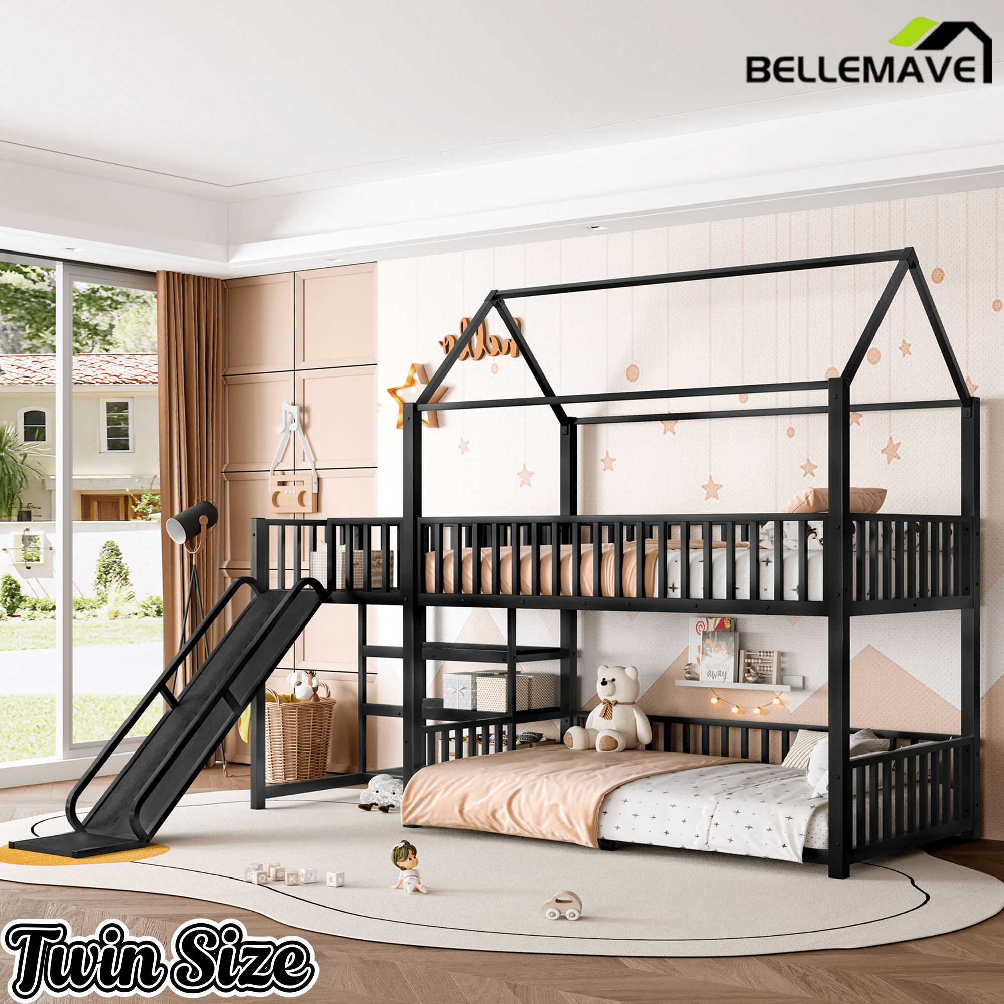 Bellemave® Twin Over Twin Bunk Bed with Slide, Kids House Floor Bunk Bed with Storage Stairs and Full Length Guardrail - Bellemave