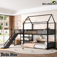 Bellemave® Twin Over Twin Bunk Bed with Slide, Kids House Floor Bunk Bed with Storage Stairs and Full Length Guardrail - Bellemave