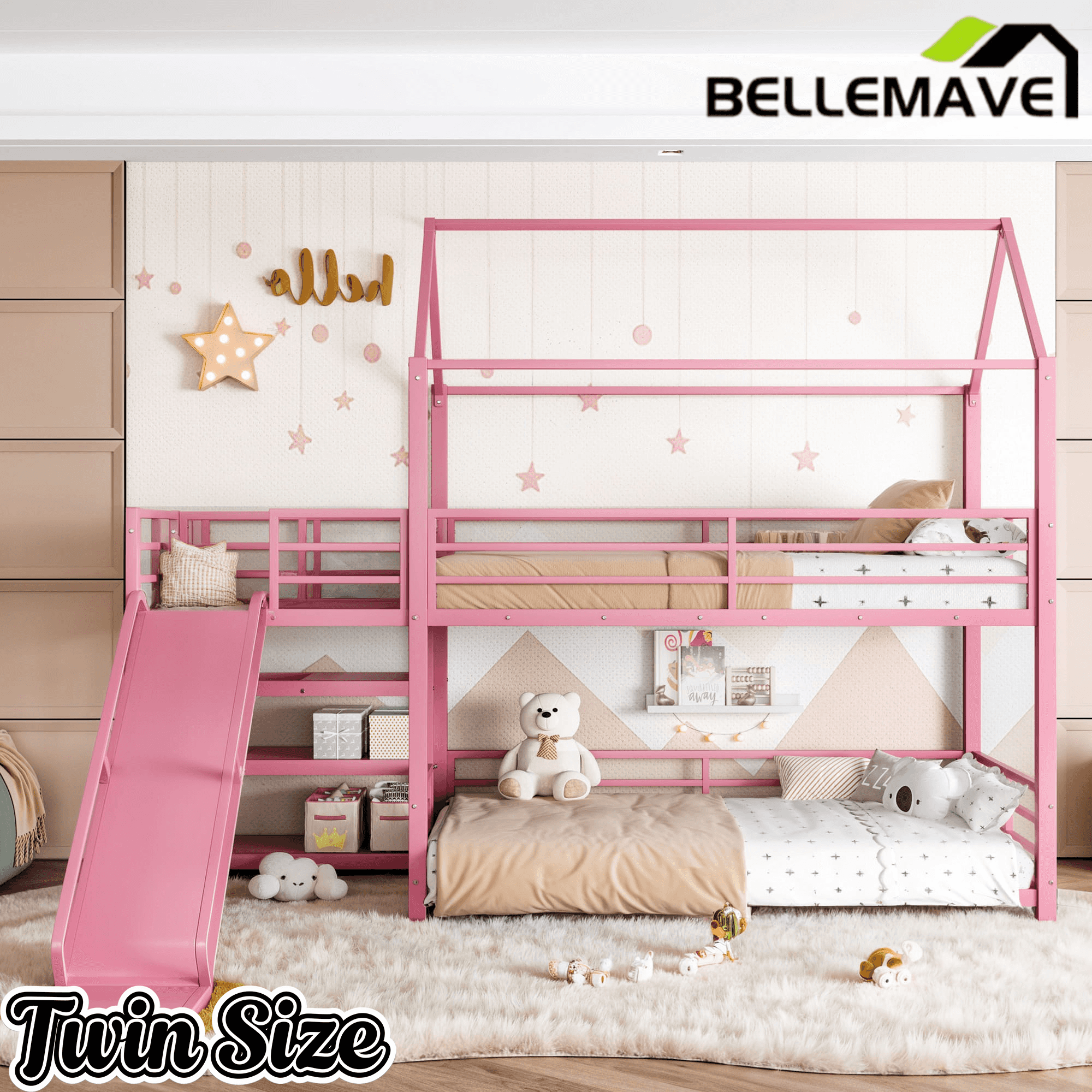 Bellemave® Twin Over Twin Bunk Bed with Slide, Kids House Floor Bunk Bed with Storage Stairs and Full Length Guardrail - Bellemave