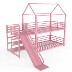 Bellemave® Twin Over Twin Bunk Bed with Slide, Kids House Floor Bunk Bed with Storage Stairs and Full Length Guardrail - Bellemave