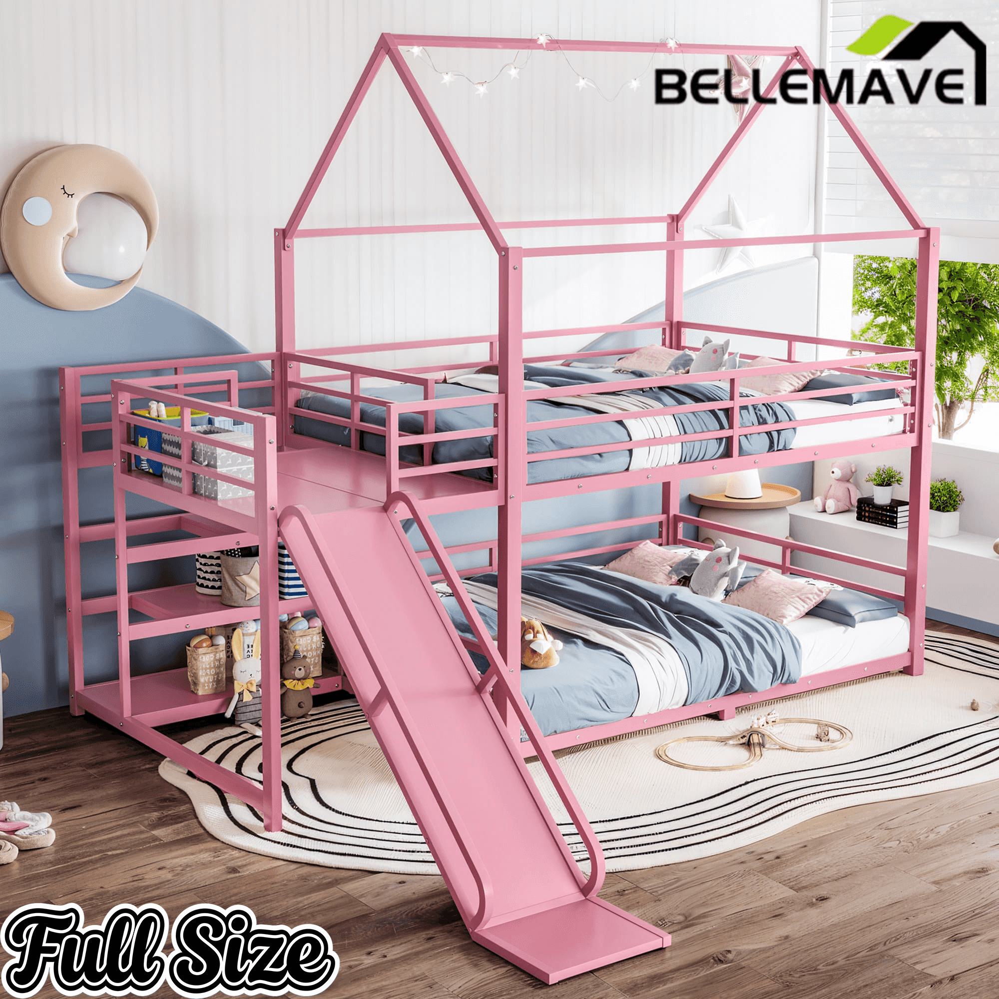 Bellemave® Twin Over Twin Bunk Bed with Slide, Kids House Floor Bunk Bed with Storage Stairs and Full Length Guardrail - Bellemave
