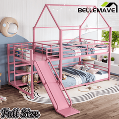 Bellemave® Twin Over Twin Bunk Bed with Slide, Kids House Floor Bunk Bed with Storage Stairs and Full Length Guardrail - Bellemave