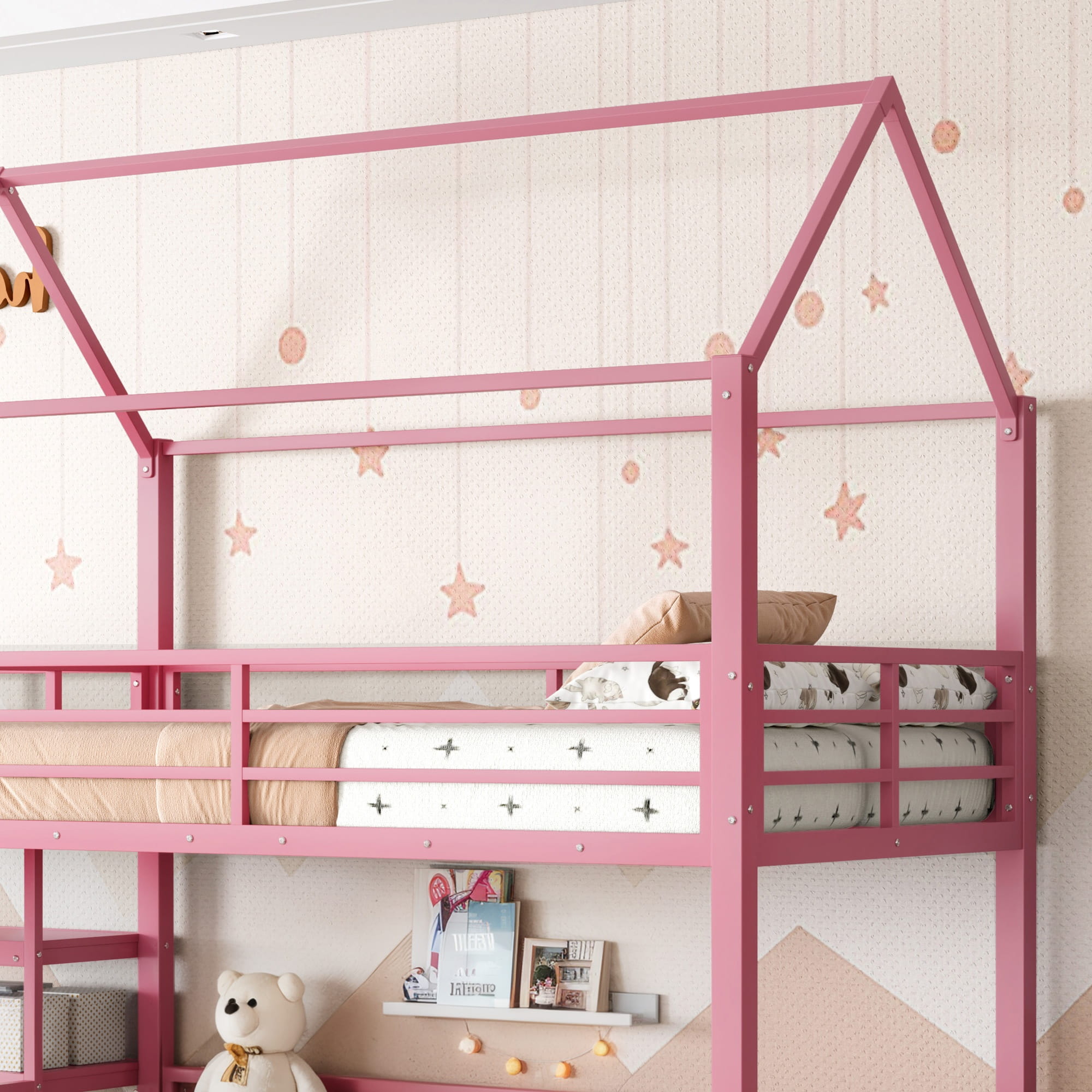 Bellemave® Twin Over Twin Bunk Bed with Slide, Kids House Floor Bunk Bed with Storage Stairs and Full Length Guardrail - Bellemave