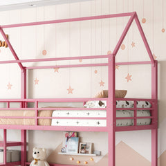 Bellemave® Twin Over Twin Bunk Bed with Slide, Kids House Floor Bunk Bed with Storage Stairs and Full Length Guardrail - Bellemave