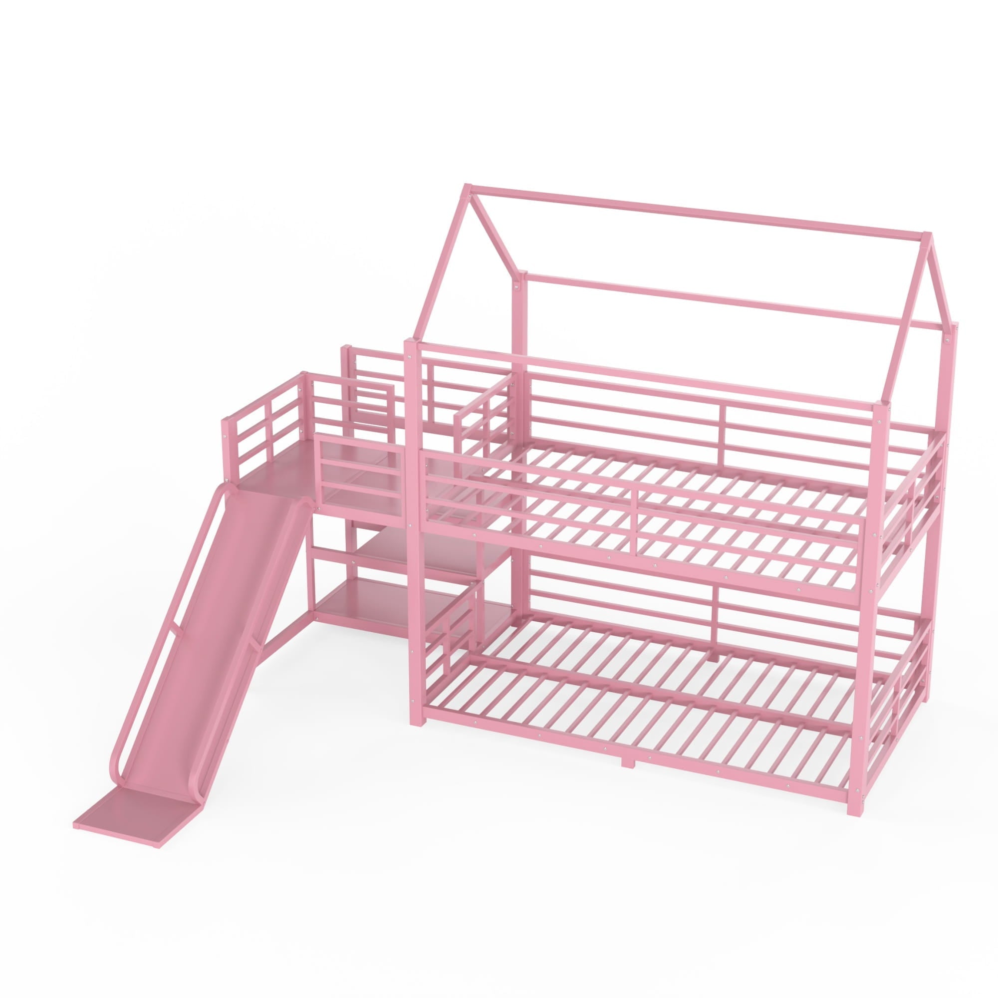 Bellemave® Twin Over Twin Bunk Bed with Slide, Kids House Floor Bunk Bed with Storage Stairs and Full Length Guardrail - Bellemave