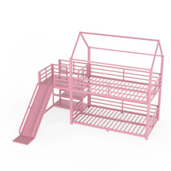 Bellemave® Twin Over Twin Bunk Bed with Slide, Kids House Floor Bunk Bed with Storage Stairs and Full Length Guardrail - Bellemave