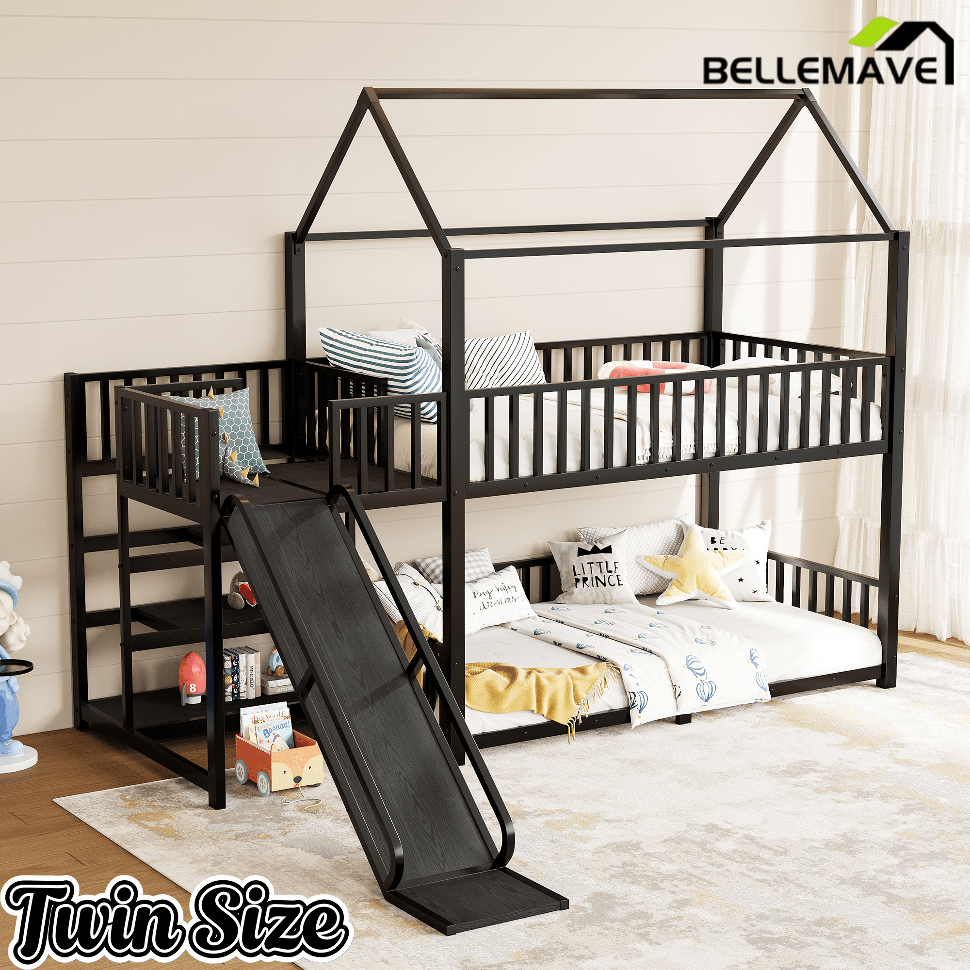 Bellemave® Twin Over Twin Bunk Bed with Slide, Kids House Floor Bunk Bed with Storage Stairs and Full Length Guardrail - Bellemave