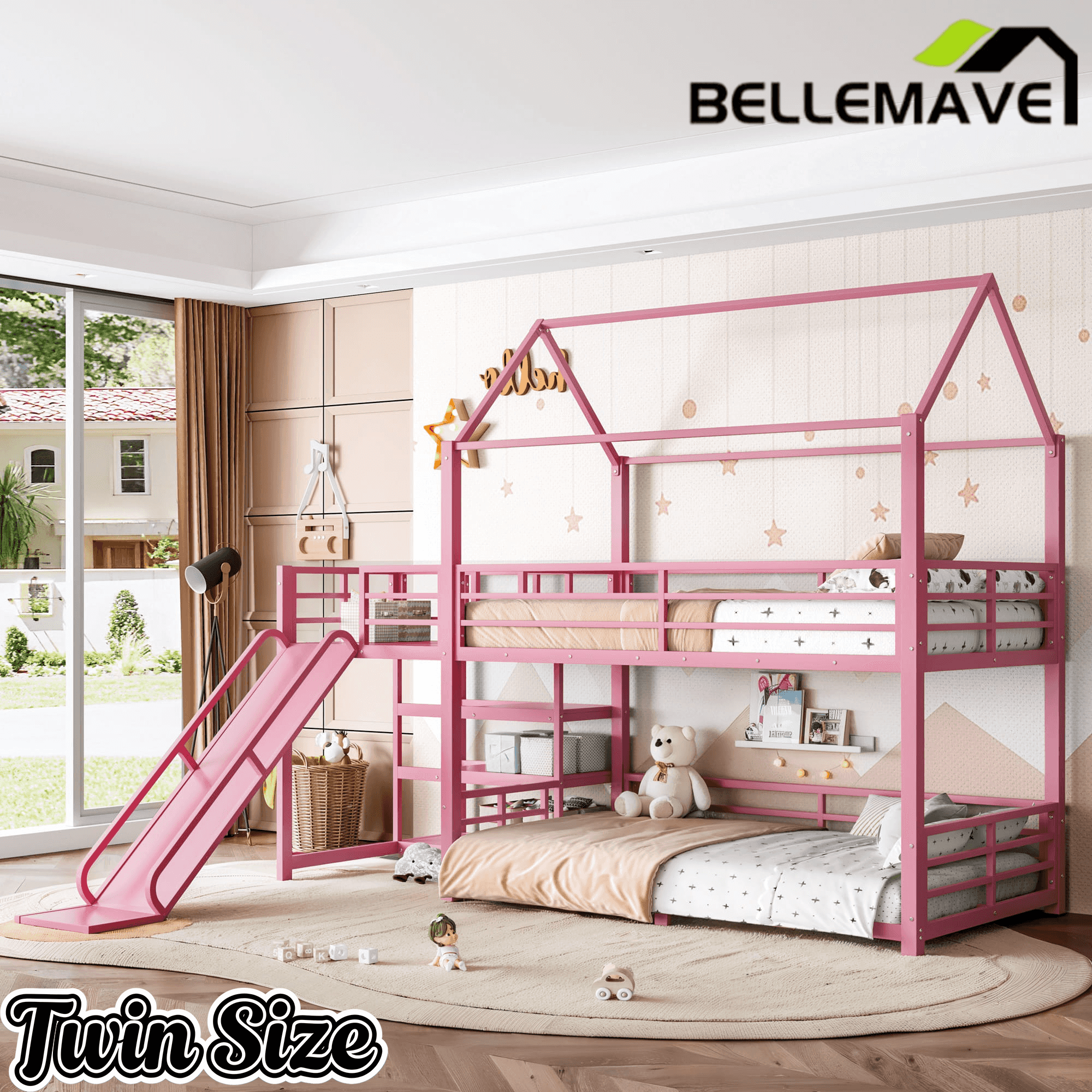 Bellemave® Twin Over Twin Bunk Bed with Slide, Kids House Floor Bunk Bed with Storage Stairs and Full Length Guardrail - Bellemave