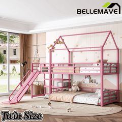 Bellemave® Twin Over Twin Bunk Bed with Slide, Kids House Floor Bunk Bed with Storage Stairs and Full Length Guardrail - Bellemave