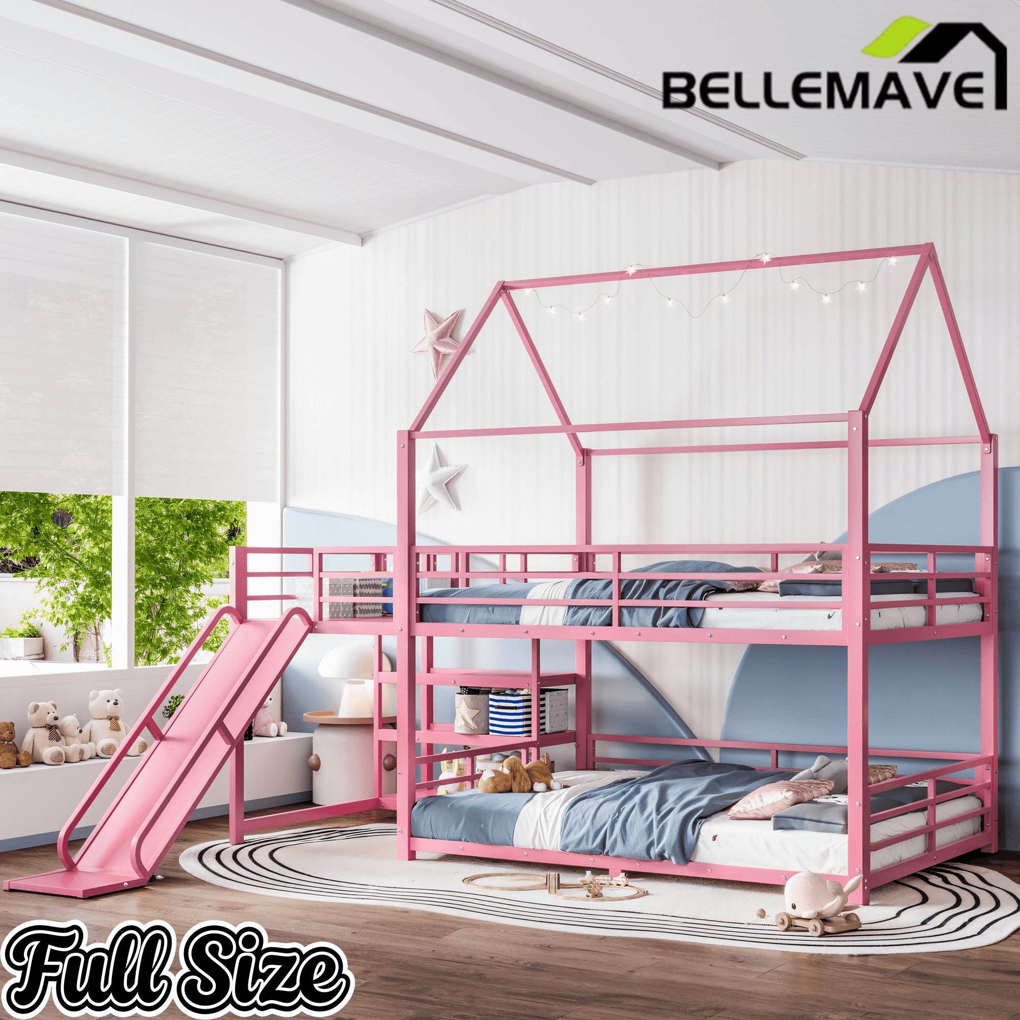 Bellemave® Twin Over Twin Bunk Bed with Slide, Kids House Floor Bunk Bed with Storage Stairs and Full Length Guardrail - Bellemave