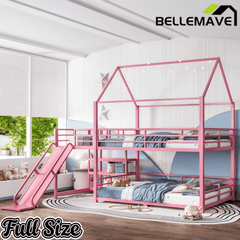 Bellemave® Twin Over Twin Bunk Bed with Slide, Kids House Floor Bunk Bed with Storage Stairs and Full Length Guardrail - Bellemave