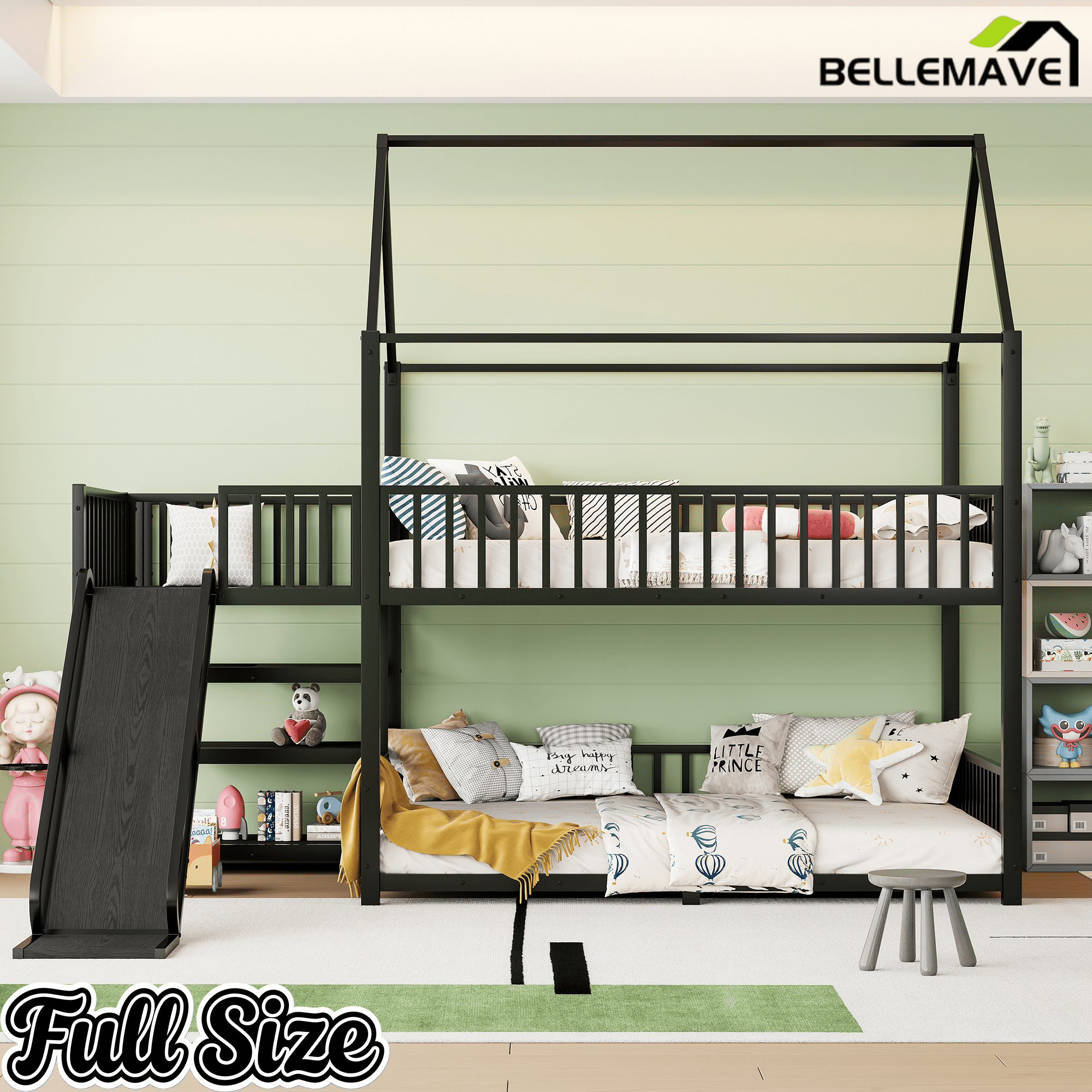 Bellemave® Twin Over Twin Bunk Bed with Slide, Kids House Floor Bunk Bed with Storage Stairs and Full Length Guardrail - Bellemave