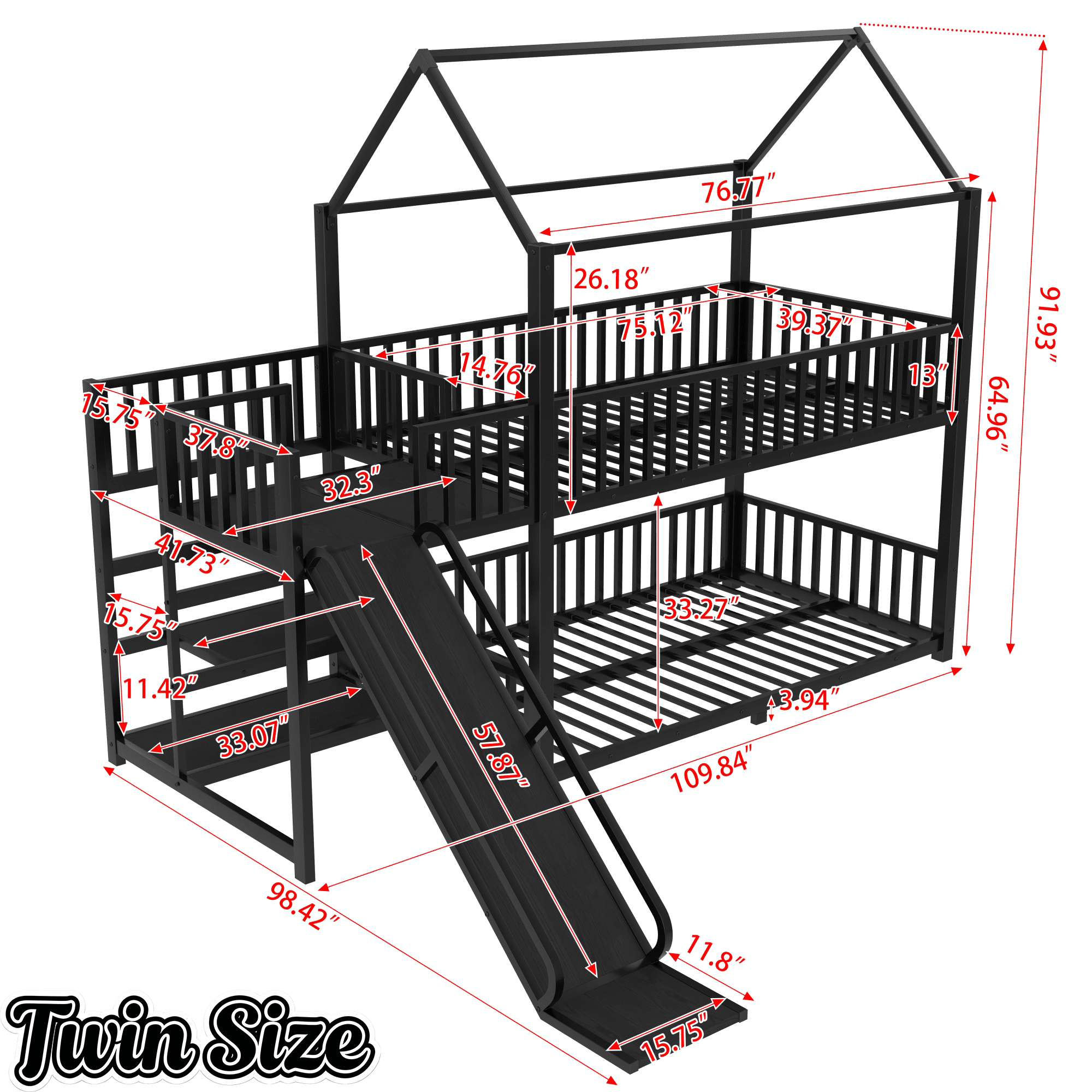 Bellemave® Twin Over Twin Bunk Bed with Slide, Kids House Floor Bunk Bed with Storage Stairs and Full Length Guardrail - Bellemave