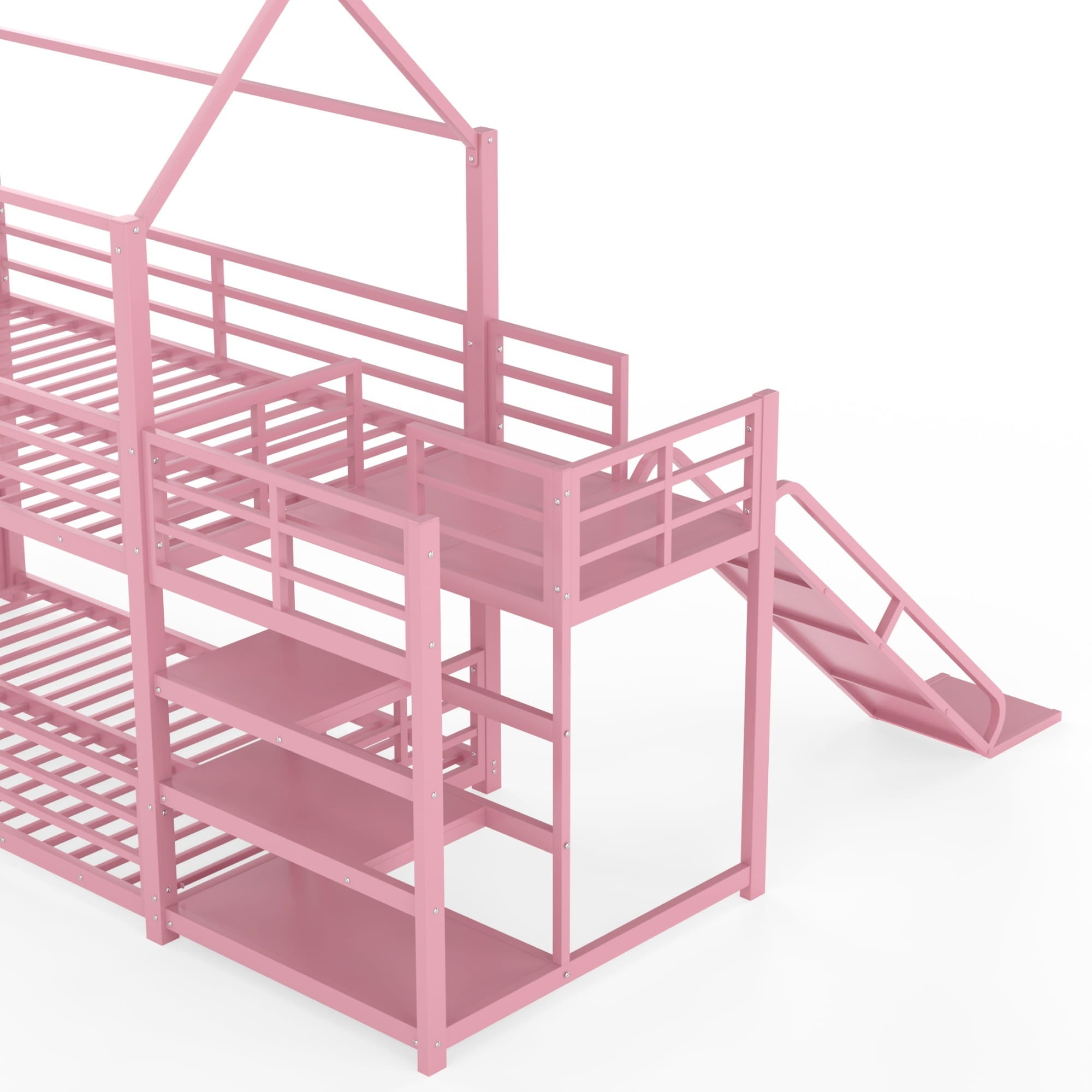 Bellemave® Twin Over Twin Bunk Bed with Slide, Kids House Floor Bunk Bed with Storage Stairs and Full Length Guardrail - Bellemave