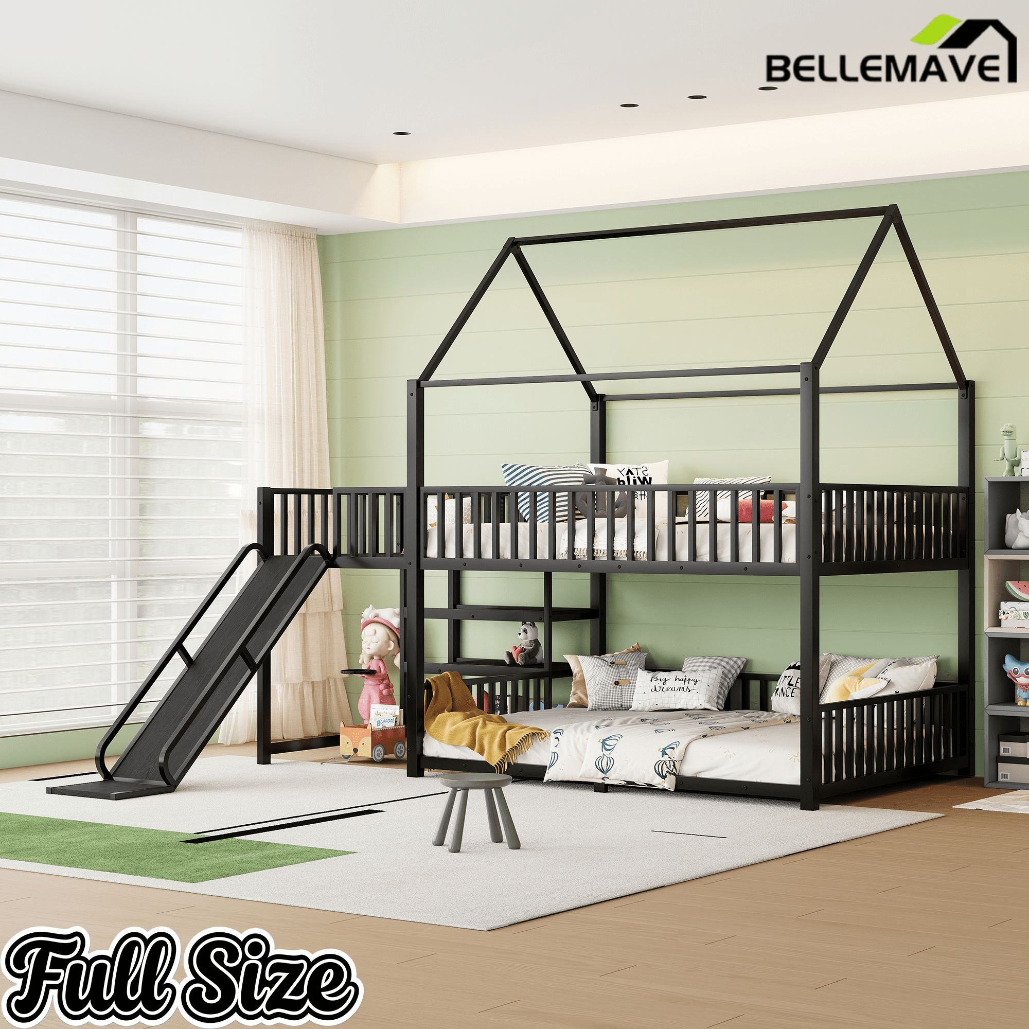 Bellemave® Twin Over Twin Bunk Bed with Slide, Kids House Floor Bunk Bed with Storage Stairs and Full Length Guardrail - Bellemave