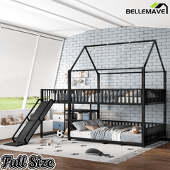 Bellemave® Twin Over Twin Bunk Bed with Slide, Kids House Floor Bunk Bed with Storage Stairs and Full Length Guardrail - Bellemave