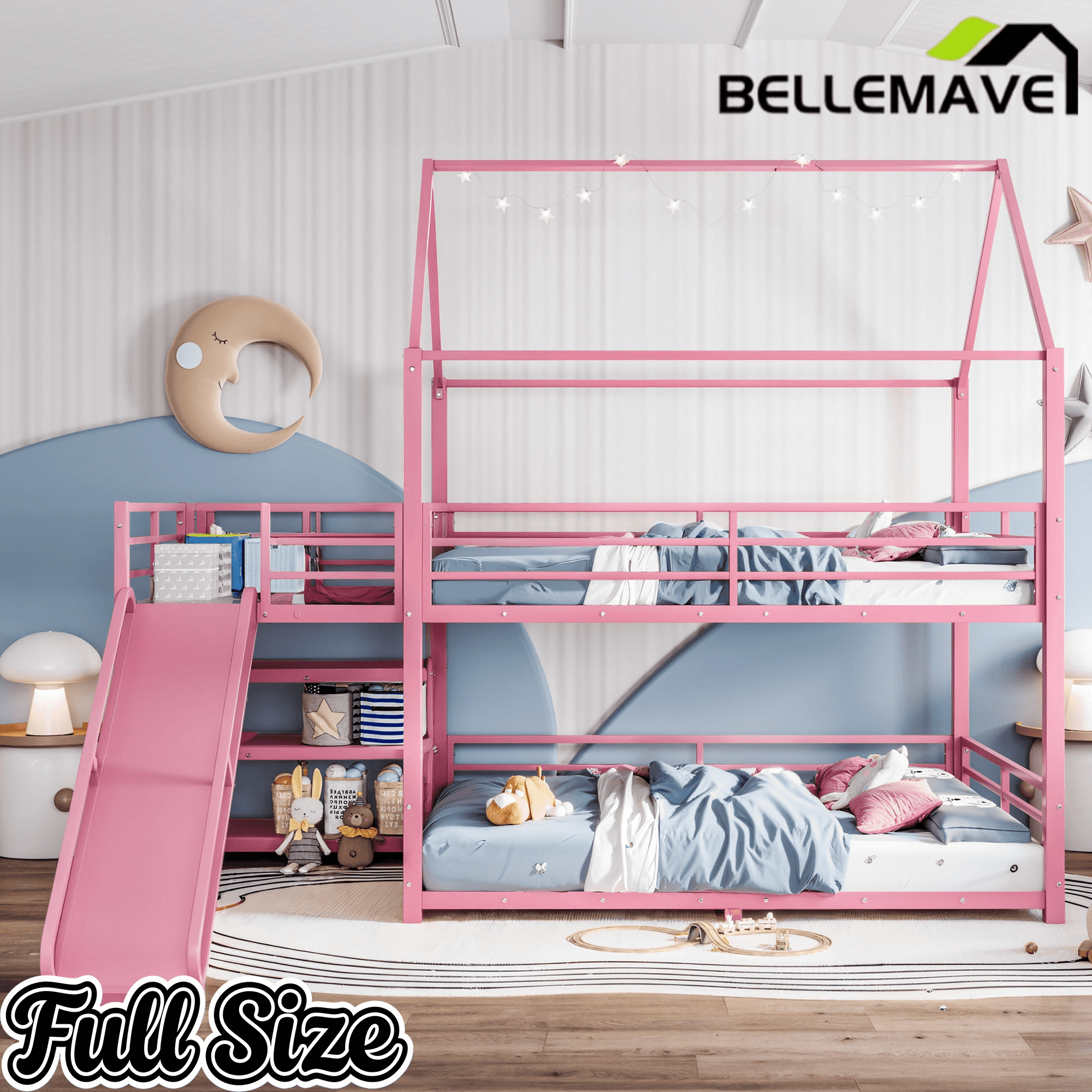 Bellemave® Twin Over Twin Bunk Bed with Slide, Kids House Floor Bunk Bed with Storage Stairs and Full Length Guardrail - Bellemave