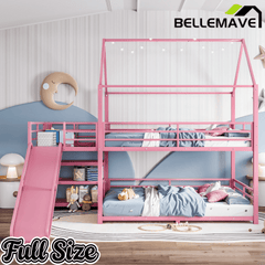 Bellemave® Twin Over Twin Bunk Bed with Slide, Kids House Floor Bunk Bed with Storage Stairs and Full Length Guardrail - Bellemave