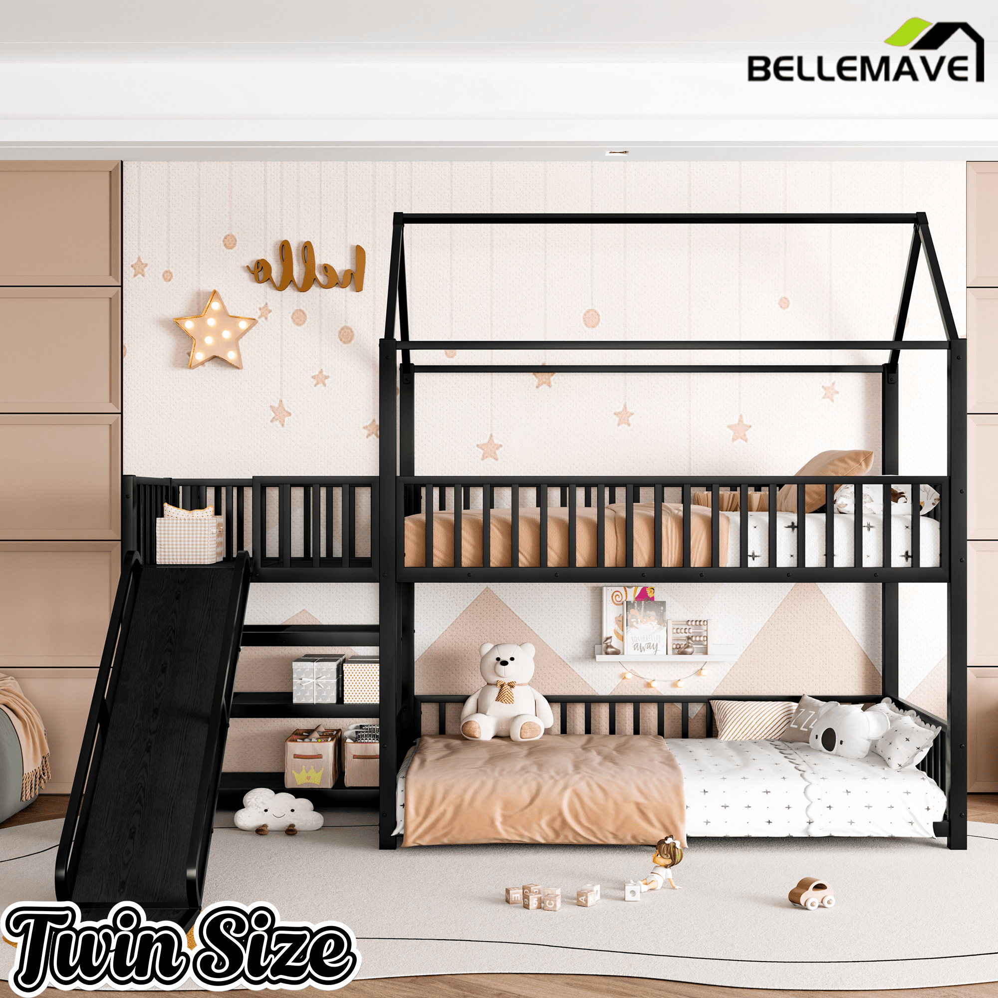 Bellemave® Twin Over Twin Bunk Bed with Slide, Kids House Floor Bunk Bed with Storage Stairs and Full Length Guardrail - Bellemave