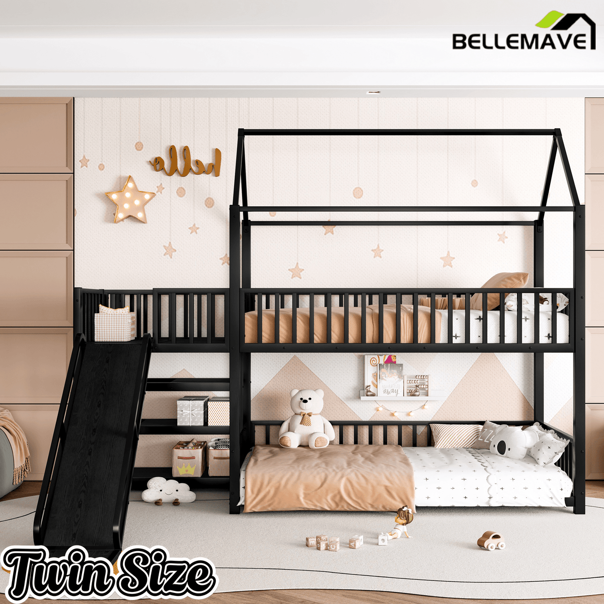 Bellemave® Twin Over Twin Bunk Bed with Slide, Kids House Floor Bunk Bed with Storage Stairs and Full Length Guardrail - Bellemave