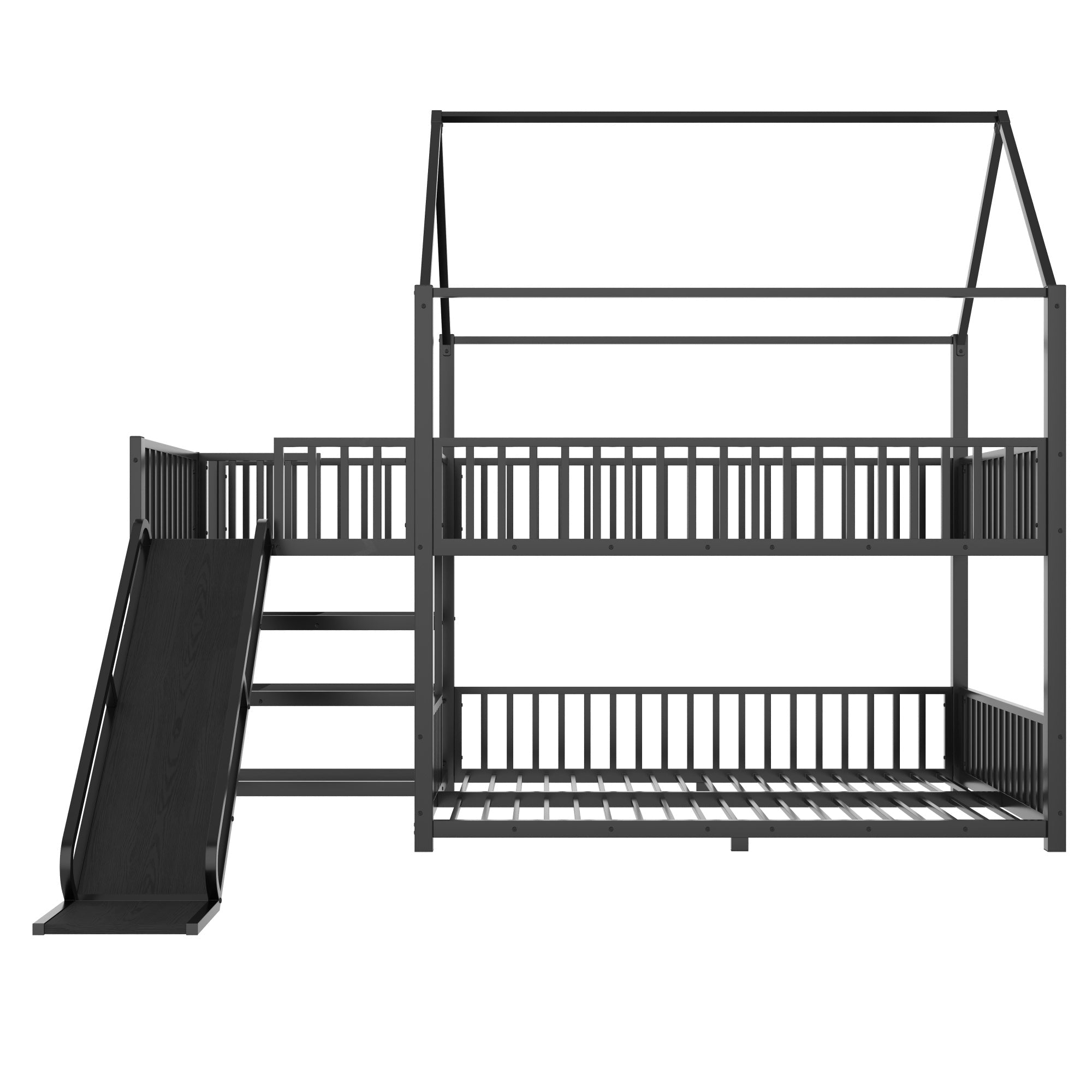 Bellemave® Twin Over Twin Bunk Bed with Slide, Kids House Floor Bunk Bed with Storage Stairs and Full Length Guardrail - Bellemave