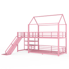 Bellemave® Twin Over Twin Bunk Bed with Slide, Kids House Floor Bunk Bed with Storage Stairs and Full Length Guardrail - Bellemave