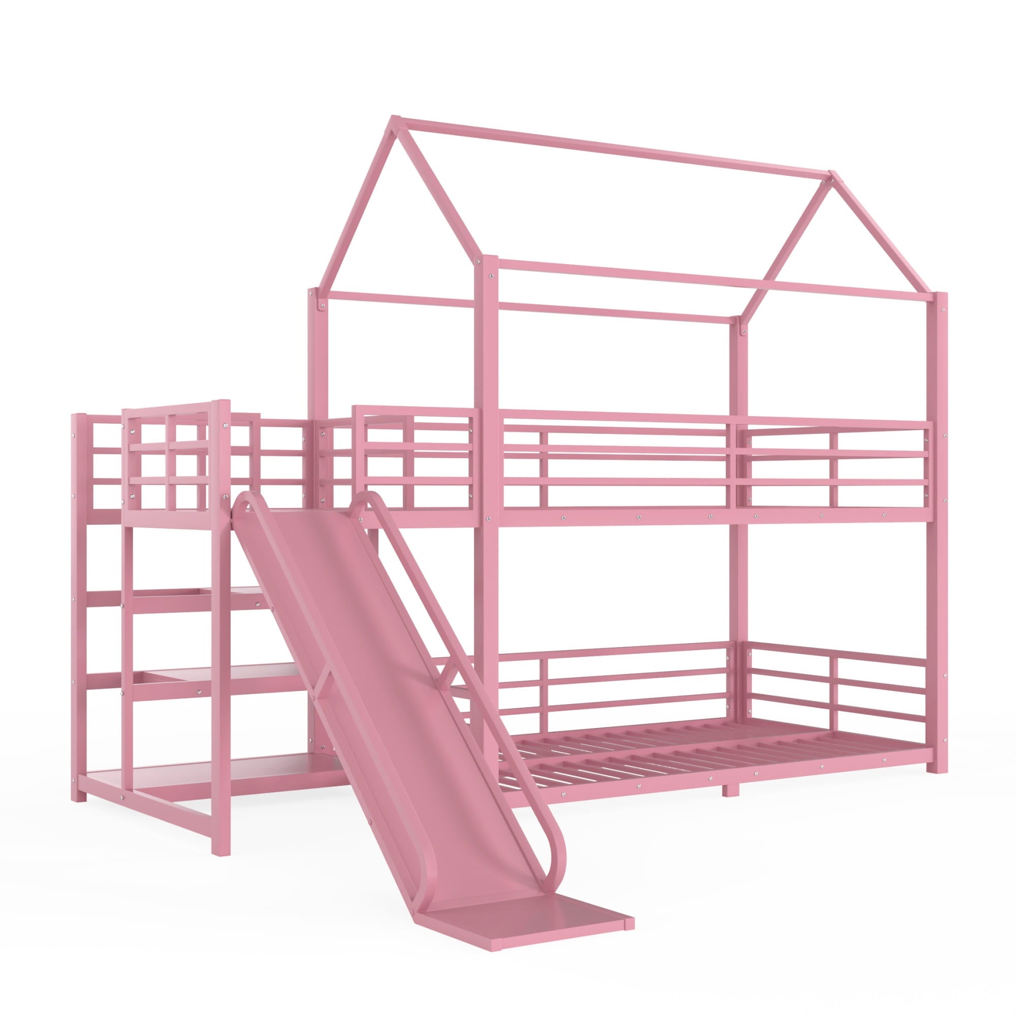 Bellemave® Twin Over Twin Bunk Bed with Slide, Kids House Floor Bunk Bed with Storage Stairs and Full Length Guardrail - Bellemave