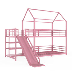Bellemave® Twin Over Twin Bunk Bed with Slide, Kids House Floor Bunk Bed with Storage Stairs and Full Length Guardrail - Bellemave