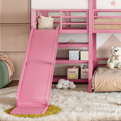Bellemave® Twin Over Twin Bunk Bed with Slide, Kids House Floor Bunk Bed with Storage Stairs and Full Length Guardrail - Bellemave