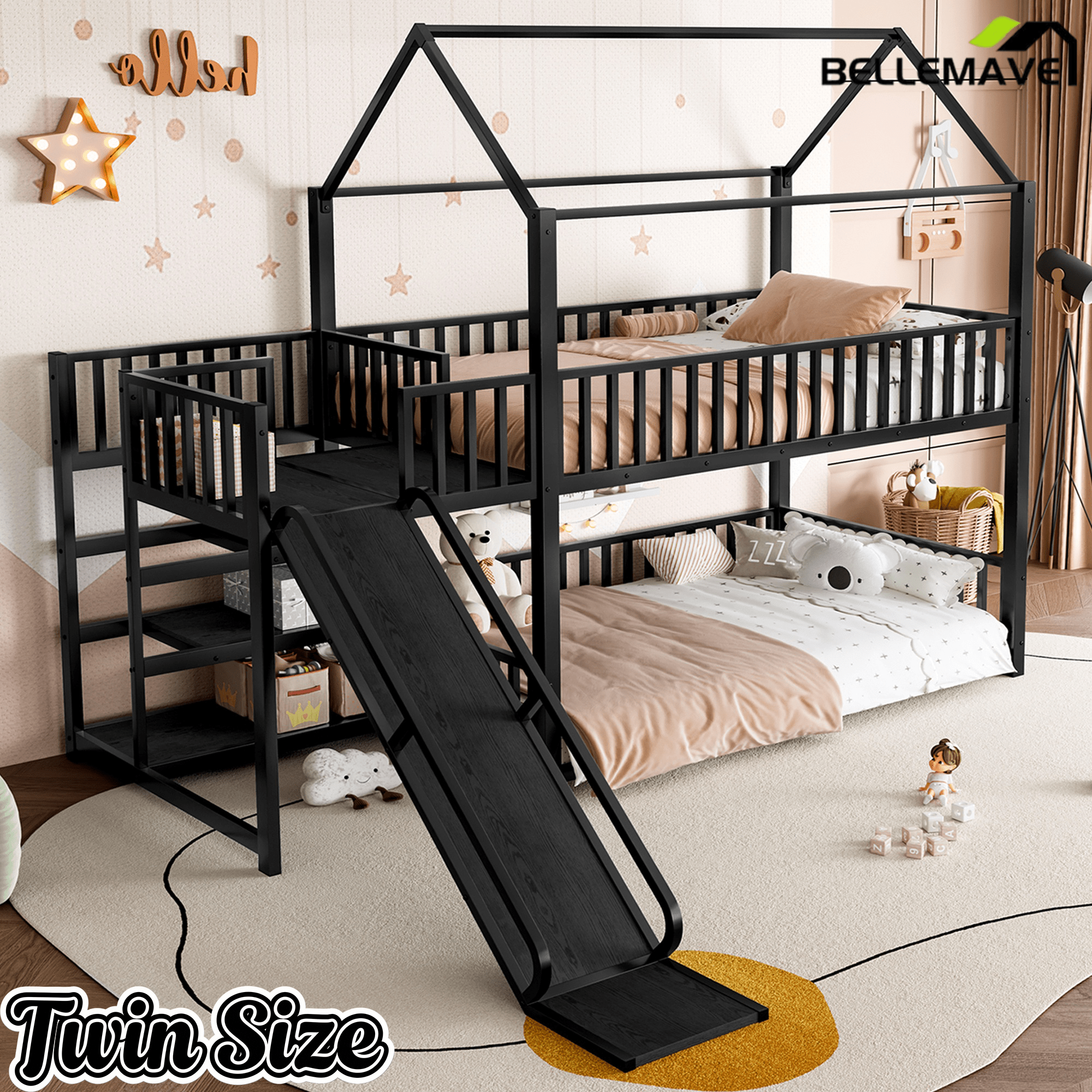 Bellemave® Twin Over Twin Bunk Bed with Slide, Kids House Floor Bunk Bed with Storage Stairs and Full Length Guardrail - Bellemave