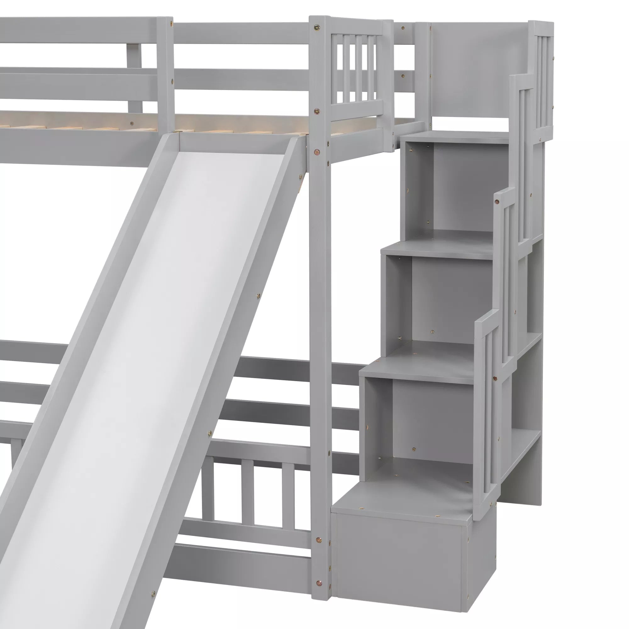 Close-up of the slide and storage staircase attached to a gray twin over twin bunk bed