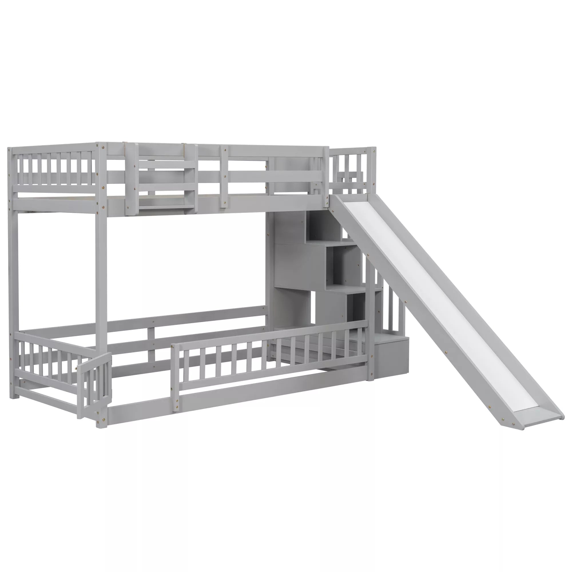 Front view of gray twin over twin bunk bed with slide and built-in storage stairs
