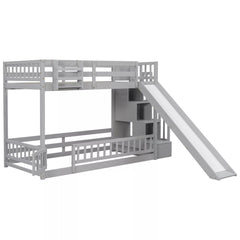 Front view of gray twin over twin bunk bed with slide and built-in storage stairs