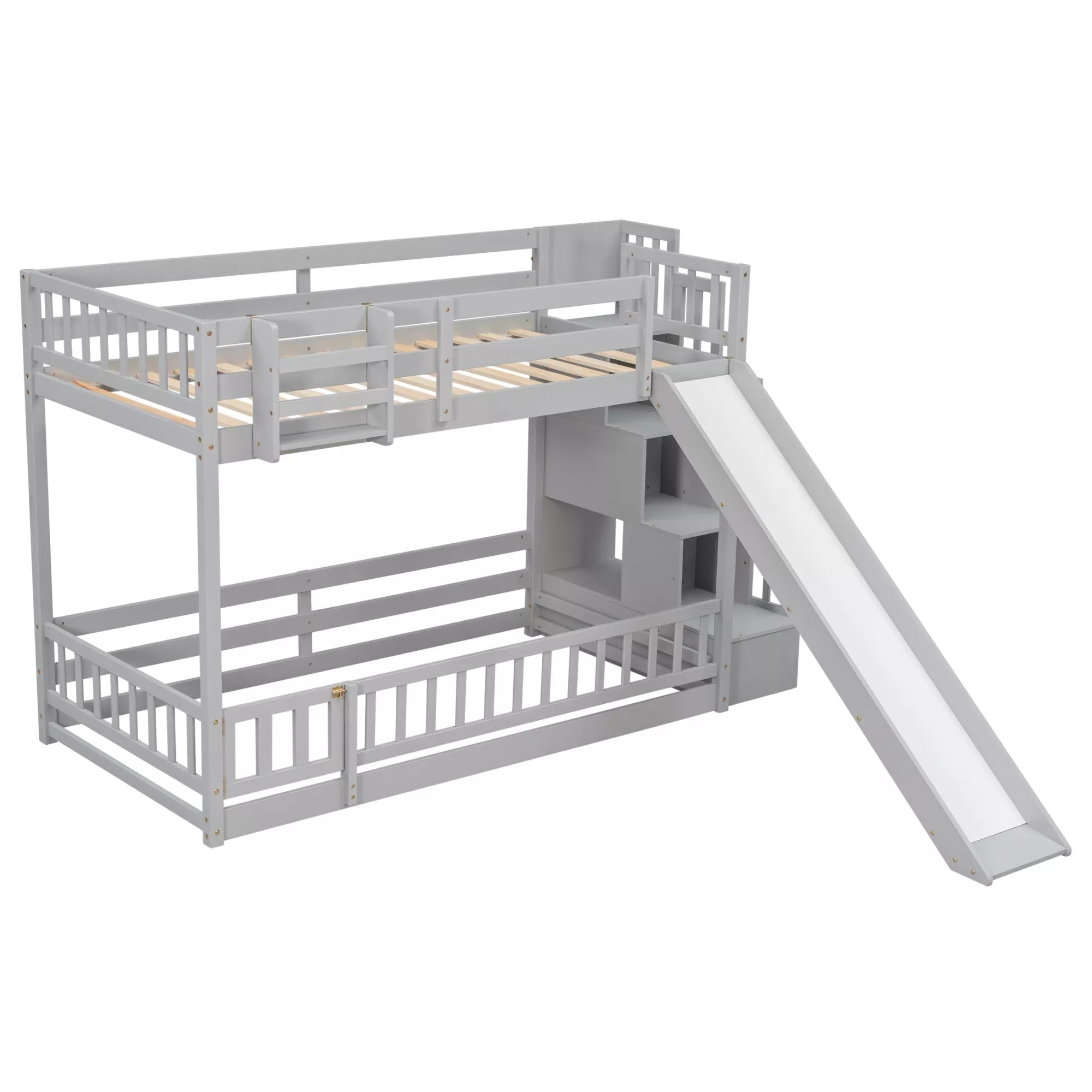 Front angled view of gray twin over twin bunk bed with slide and storage staircase