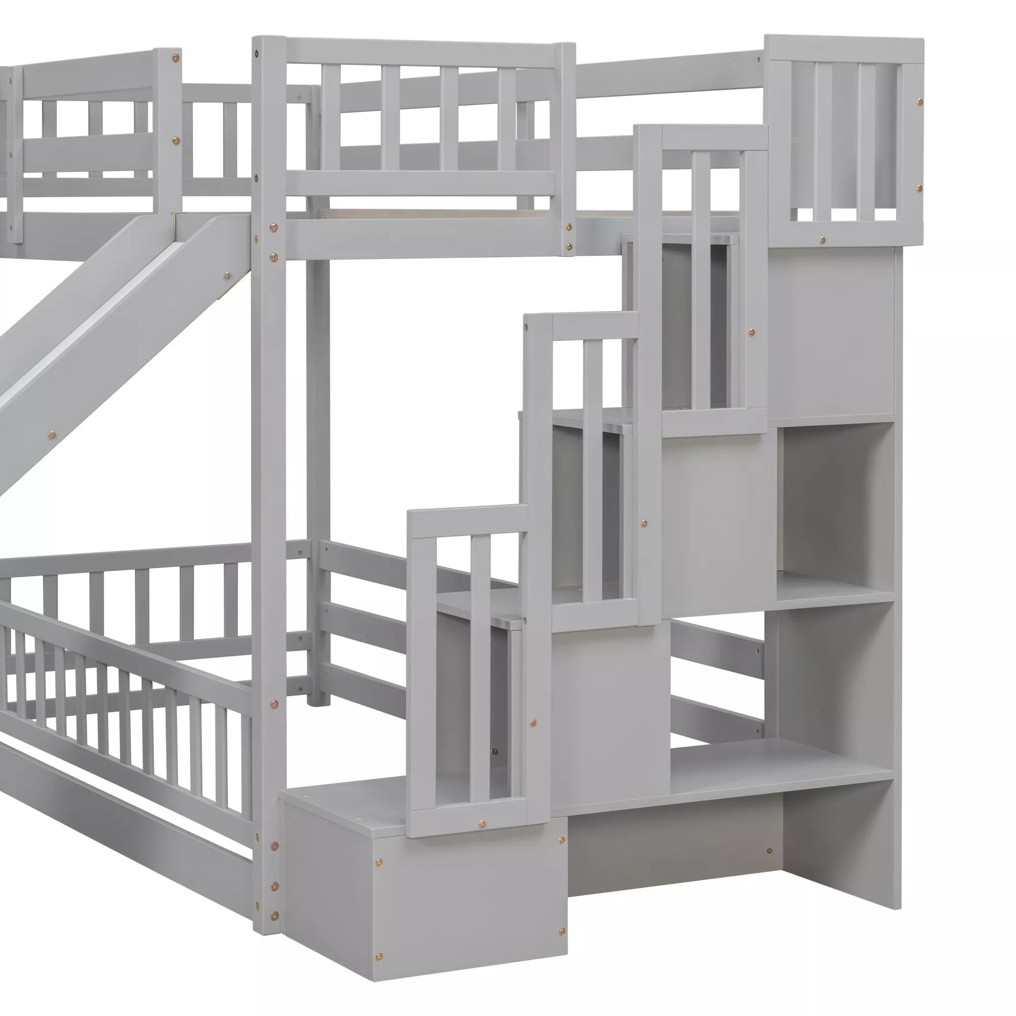 Close-up view of the built-in storage staircase with open shelves on a gray bunk bed