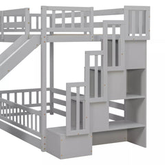 Close-up view of the built-in storage staircase with open shelves on a gray bunk bed